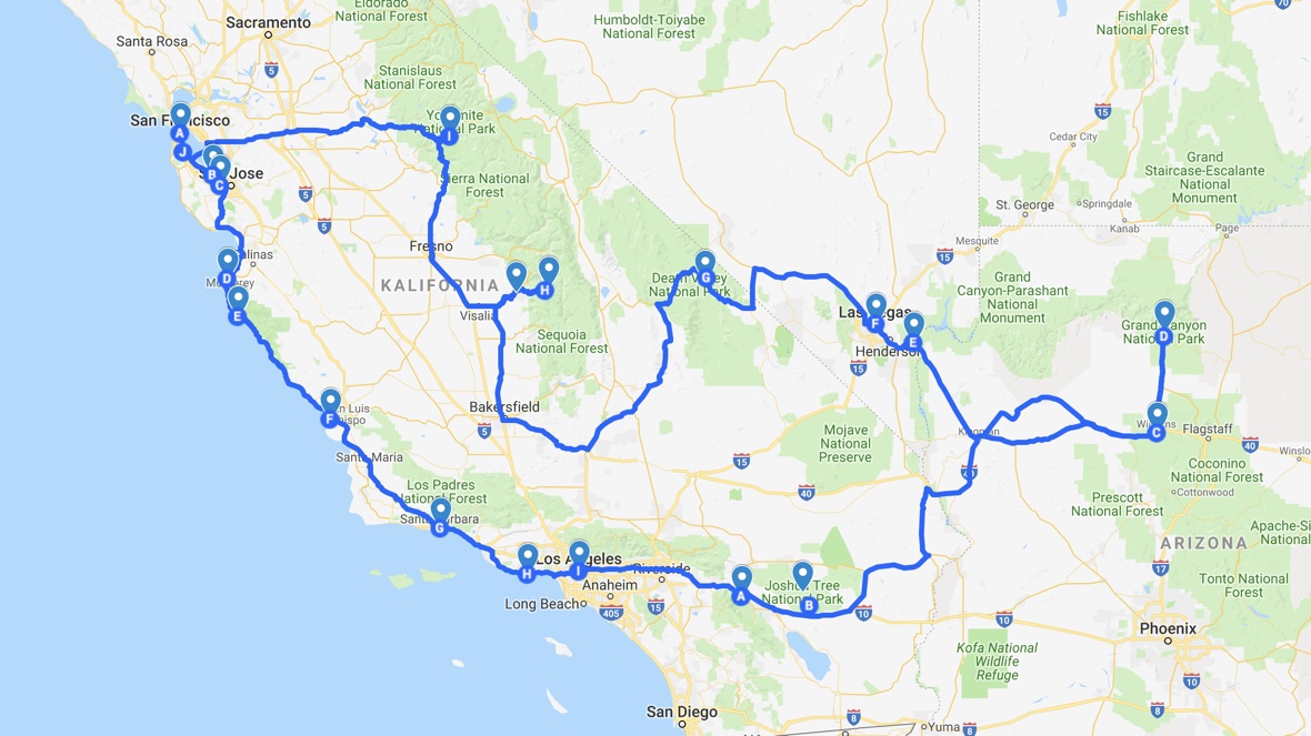Zwiedzanie Kalifornii i sąsiednich stanów: mapa trasy zwiedzania. Zachodnie Wybrzeże USA. Grafika: Mapy Google.