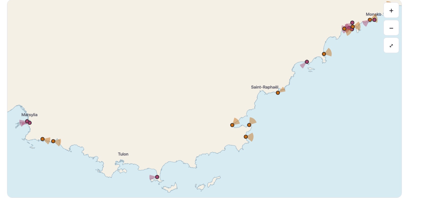 Mapa punktów widokowych na wschody i zachody słońca od Marsylii do Monako