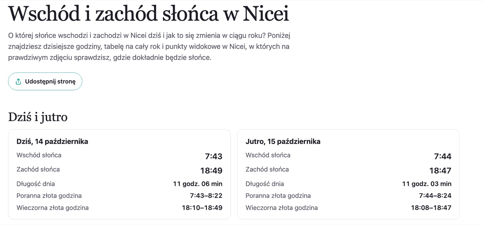 Godziny wschodu i zachodu słońca w Nicei dziś i jutro