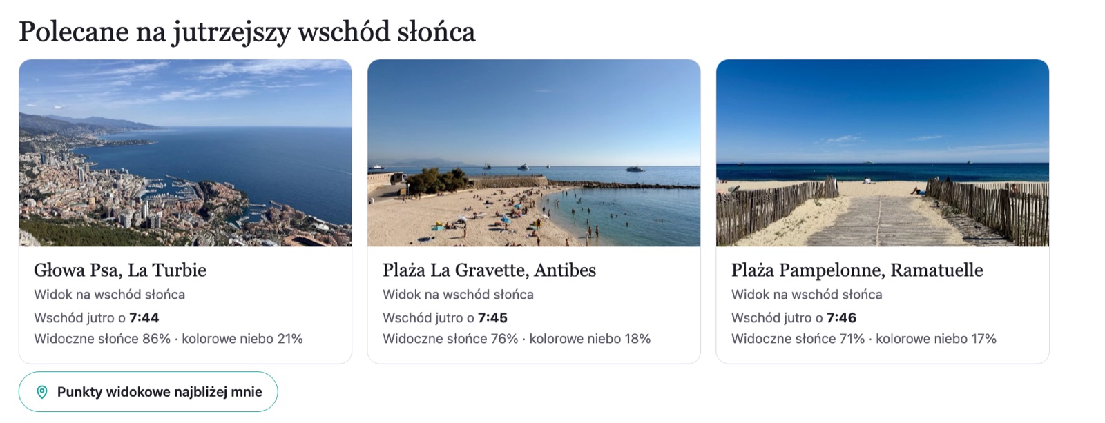 Polecane punkty widokowe na jutrzejszy wschód słońca w serwisie getasunrise.com